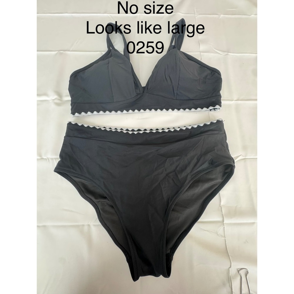 Black High Waisted Bikini Set Ric Rac Trim Triangle Top Two Piece Swimsuit Large